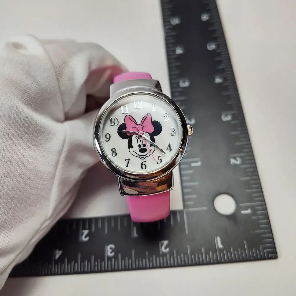 Disney Minnie Mouse Pink Bangle Bracelet Watch Silver Tone